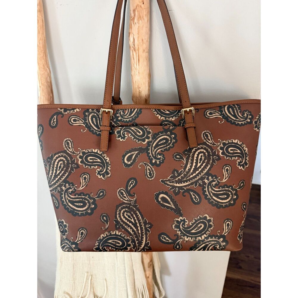 Michael Kors Paisley Leather Large Tote Brown MK Logo Charm Shoulder Bag - Picture 3 of 8